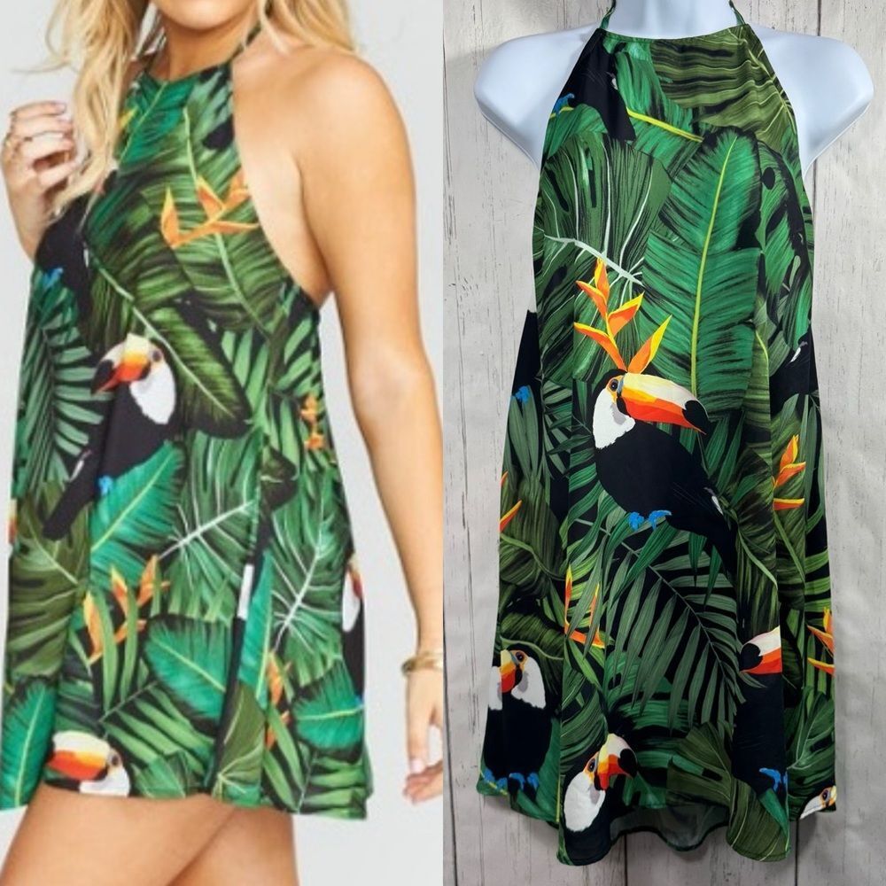 Show Me Your Mumu Toucan Tropical Halter Mini Dress Backless Resort Exotic L